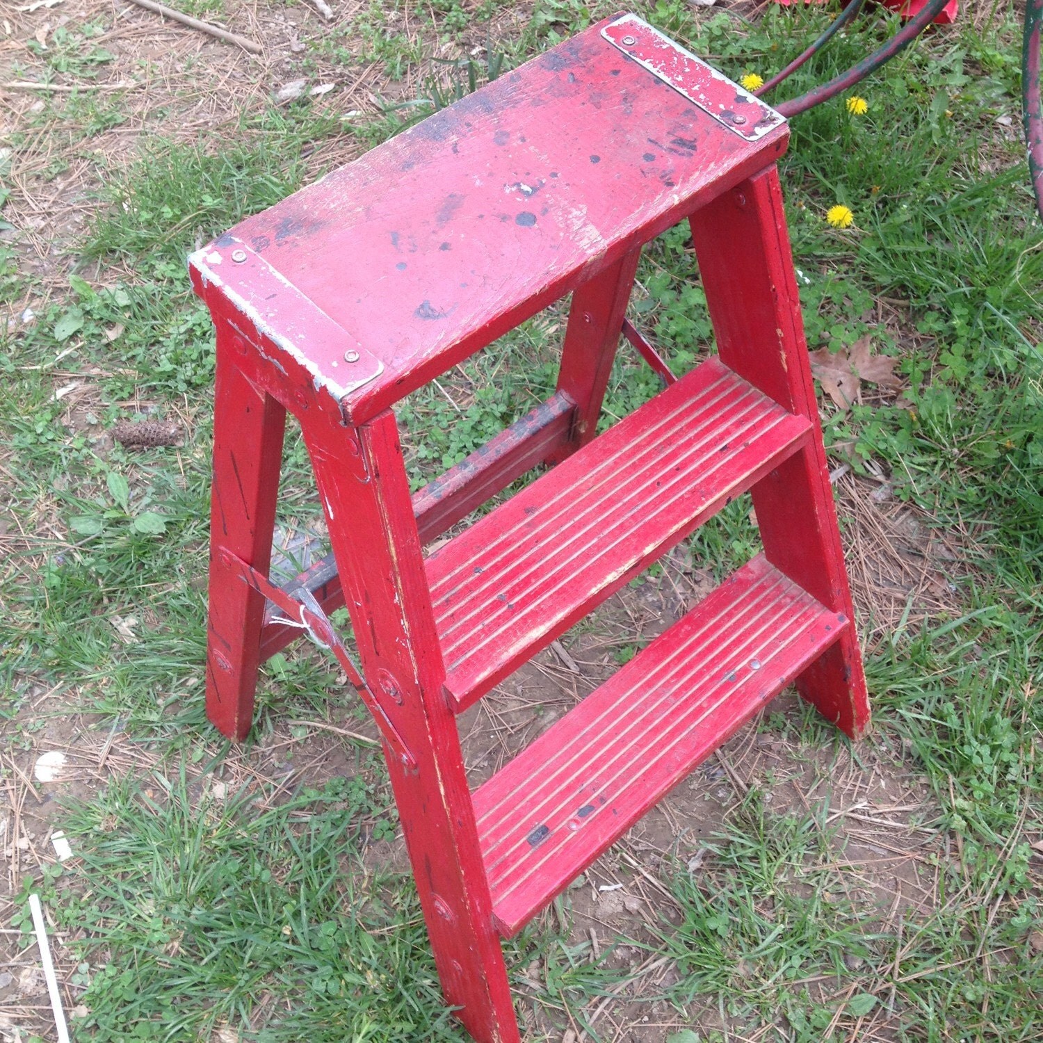 Vintage Red Wooden Farmhouse Step Folding Ladder stool Plant stand Haute Juice