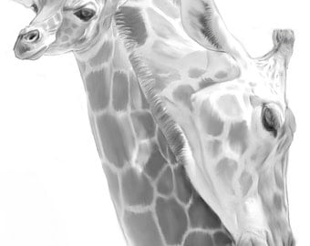 Orginal Art, Black and White, Digital Illustration 8x10, Giraffe, Mother and Baby, A Mother's Love