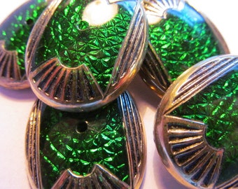Vintage Glass Stunning Art Deco Large Cabochon Gold Foil Back Brilliant Emerald Green