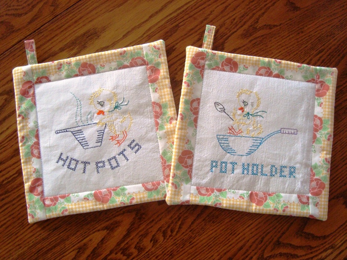 Ducks machine embroidery hot pads pot holders vintage by jessiemae
