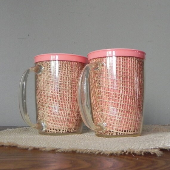 glasses mugs cups  vintage  melmac Pair and  with raffia salmon handles vintage melmac cups