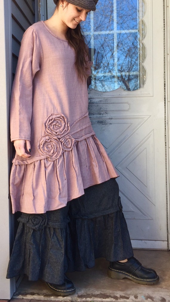 Pink Wool Flannel Rose Pintuck Tunic Dress XL