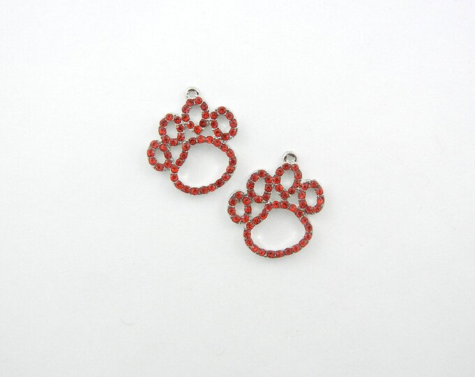 Pair of Outline Paw Print Charms Red Rhinestone