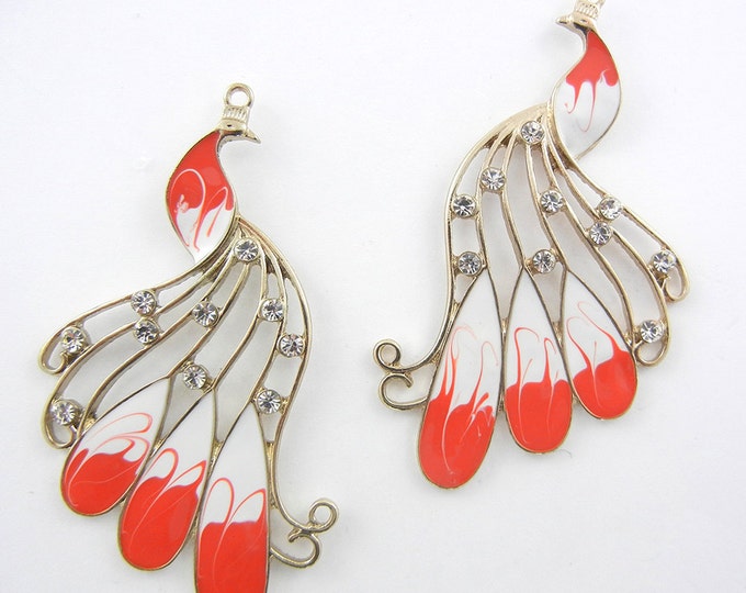 Large Pair of Gold-tone Red and White Epoxy Peacock Charms Rhinestones