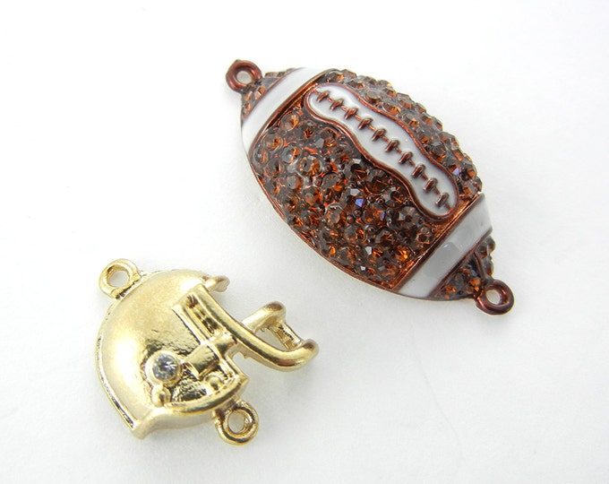 2 Double Link Football Themed Charms Gold-tone Brown Rhinestones