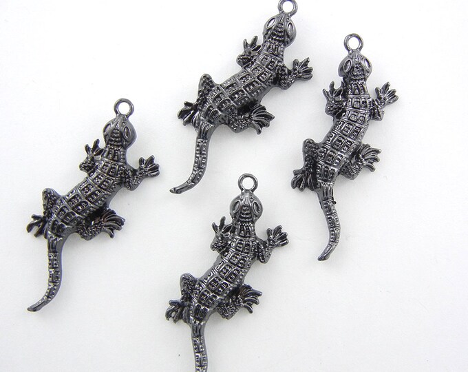 4 Hematite Dark Silver-tone Lizard Charm Pendants Textured