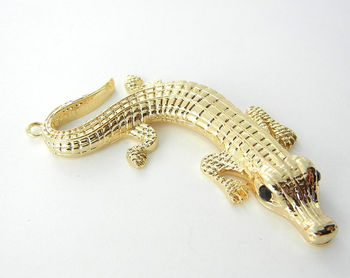 Large Gold-tone Textured Alligator Pendant Black Rhinestone Eyes
