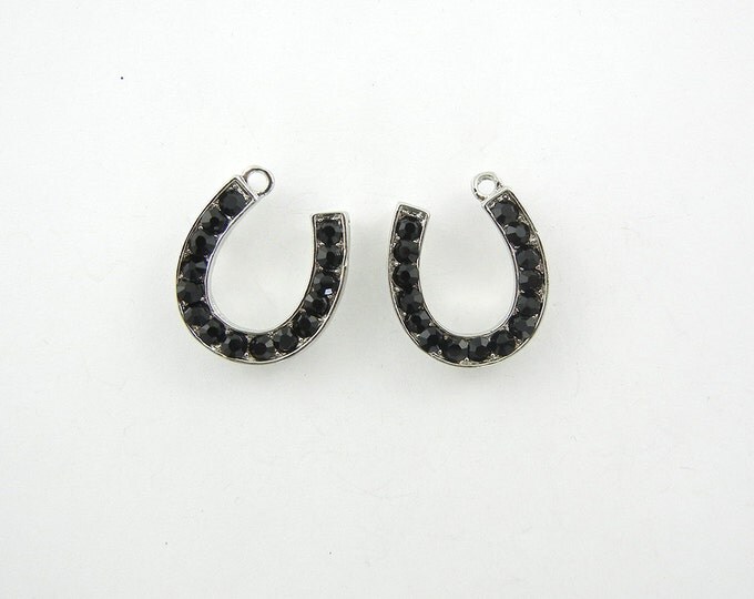 Pair of Black Rhinestone Horseshoe Charms Silver-tone