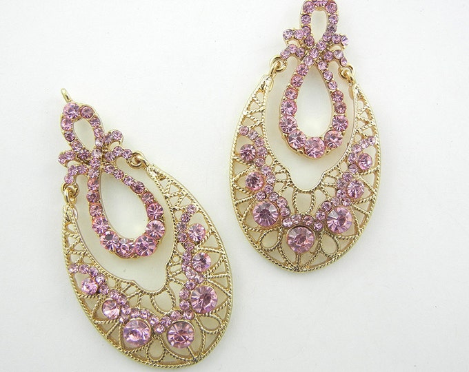 Pair of Chandelier Filigree Pink Rhinestone Gold-tone Drop Charms