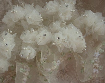 36 pc IVORY Wired Organza Rose Rhinestone Beaded Flower Applique Bridal Wedding Bouquet