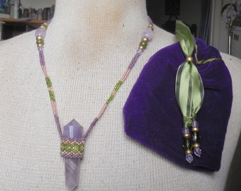 Beaded Double Terminated Amethyst Crystal Vogel Point Wand Necklace with Unakite Semiprecious Stone Gemstone Beads in Purple Green Gold