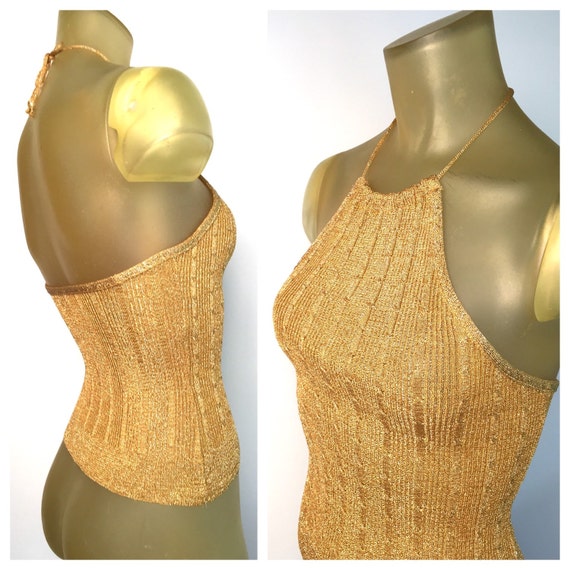 Gold Halter Top Disco Glam Sparkle Metallic Gold Lame Tie