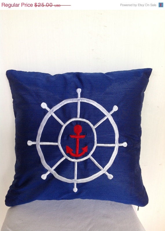 Nautical Throw PillowSofa cover 16x16 Blue Pure Silk Material with Red