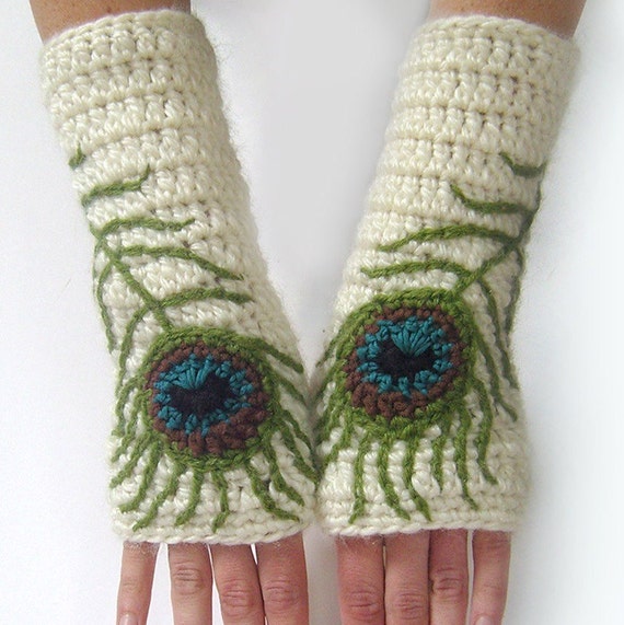 Fingerless Gloves Boho Peacock Feather Wool Armwarmers Wool Fingerless Gloves Womens Arm warmers Cream Teal Texting Gloves - MADE TO ORDER