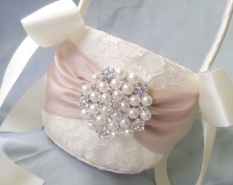 Ivory Flower Girl Basket Champagne Flower Girl Basket Pearl Rhinestone Accent Wedding Basket Unique