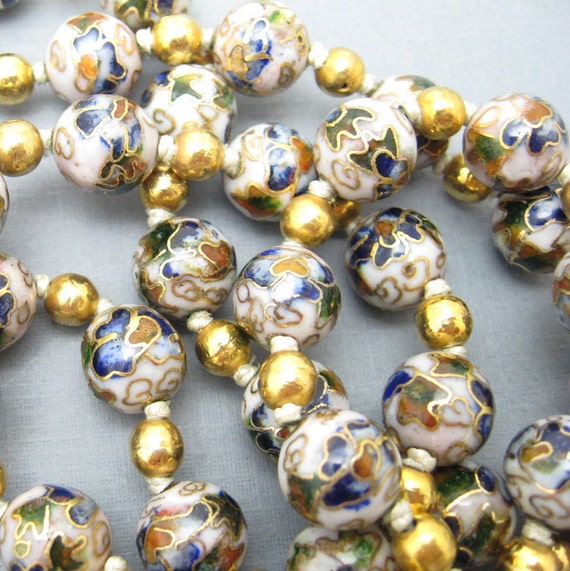 Long Cloisonne Bead Necklace Thirties Vintage Jewelry N6525