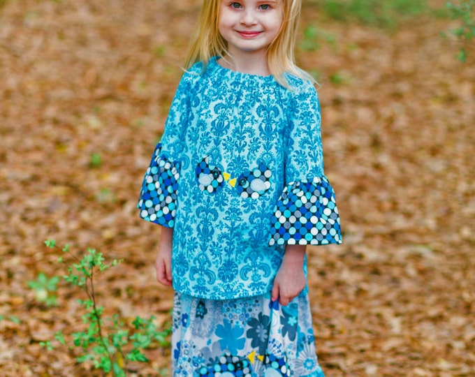 Little Girls Outfit - Maxi Dress - Blue - Toddler Clothes - Long Skirt - Peasant Top - Long Sleeves - 2T to 8 yrs