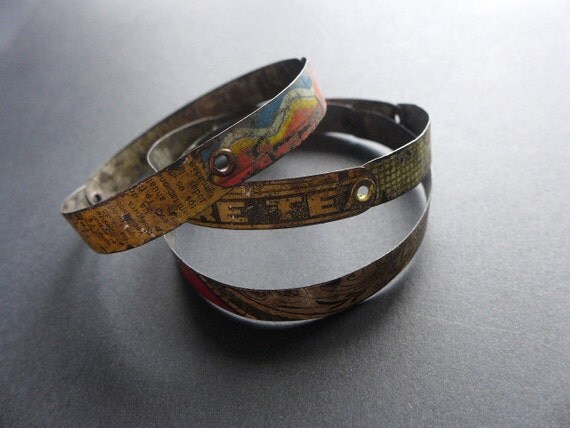 Bricolage 2. Riveted tin bangles. Set of three. Salvaged colorful vintage.