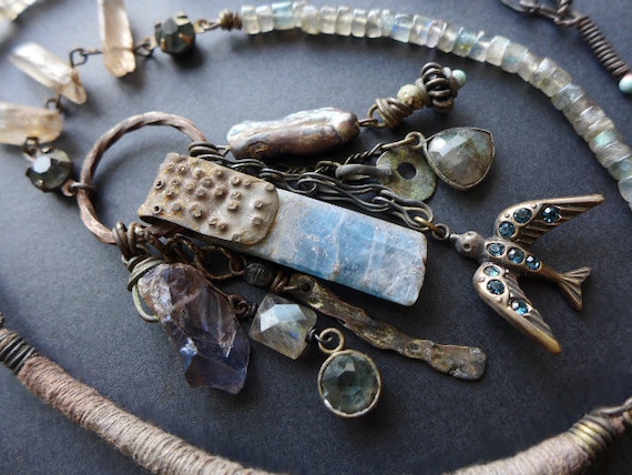 Gokotta. Rustic assemblage grey blues victorian tribal necklace.