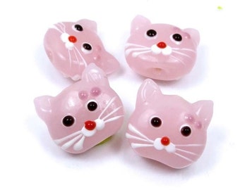 Lampwork Handmade Glass Pink Cat Head Beads (4) (L1095)
