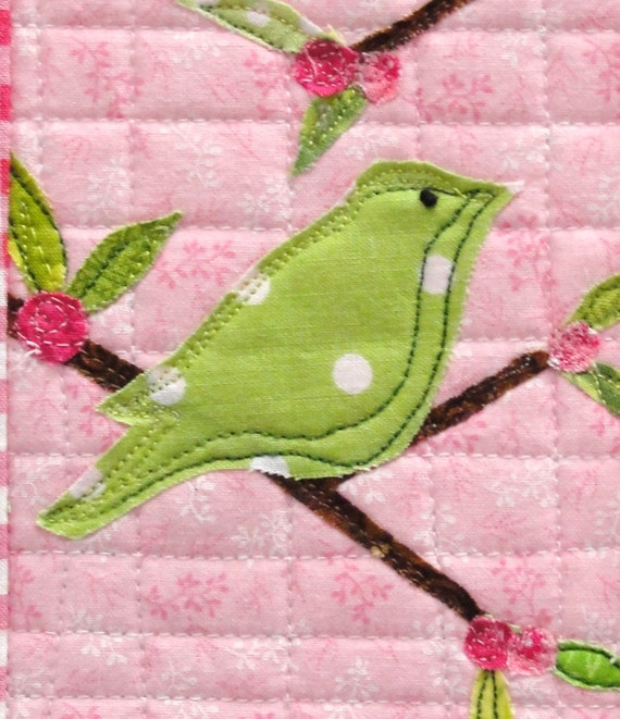 mini wall quilt-  green bird on a leafy branch against pink background- free shipping to USA - Ready to Ship
