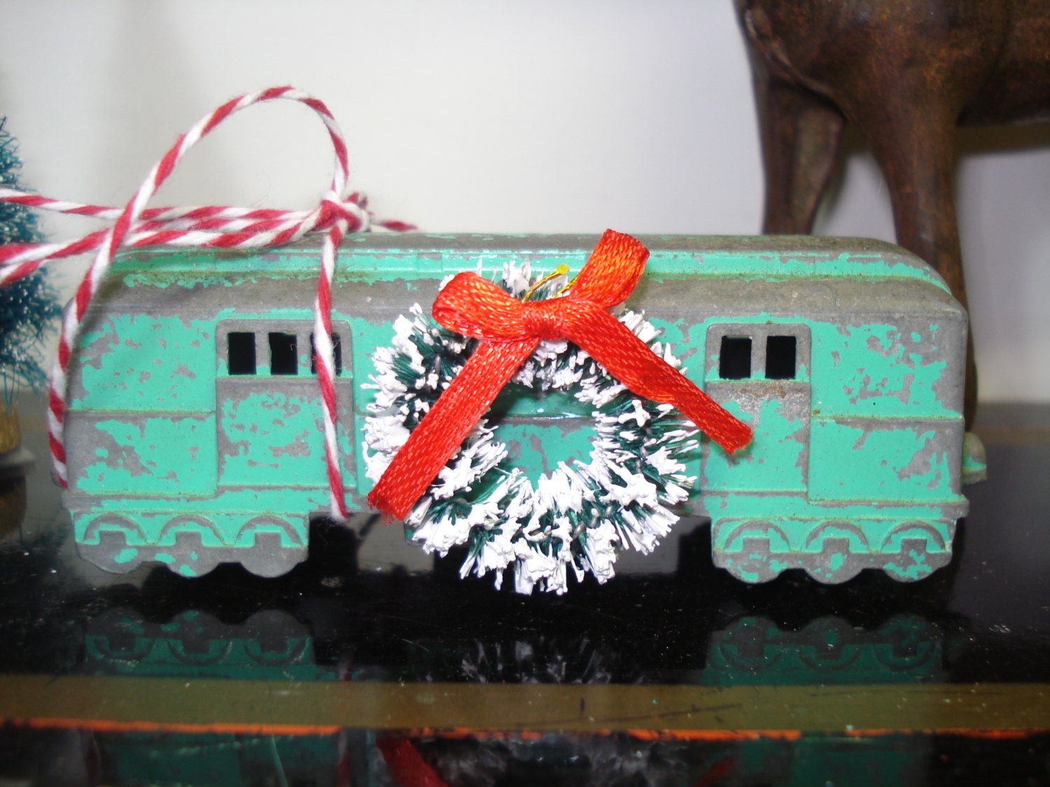 Vintage Metal Midgetoy Train Car with Bottle Brush Wreath Desk Decor Vintage Decor, Holiday Decor