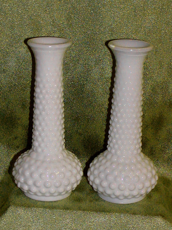 2 E.O. Brody Milk Glass Bud VASES Hobnail White Opaque M2900