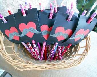 Valentine's day Pencils- Kids Valentine's-Pencil Favors-Classroom Valentine Favors-Mustache-Hearts