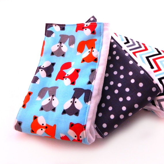Fox Burp Cloths Boy- Dots Chevron Gray blue Red - Set of 3 // Cotton Diaper Burp Cloths // Baby Shower Gift // New Baby Gift