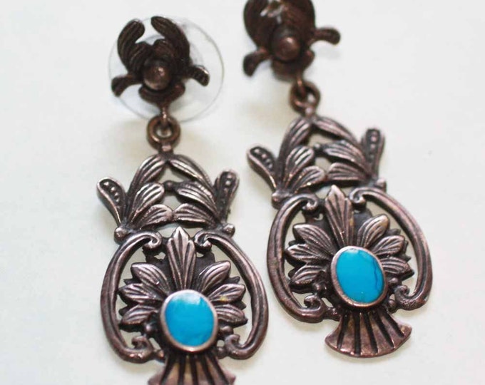 Sterling and Turquoise Dangle Earrings Posts Signed BOMA