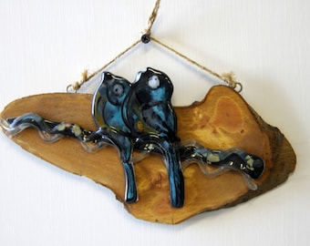 Fused glass love birds hanging wall art.