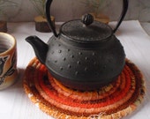 Bohemian Coiled Orange Table Mat, Hot Pad or Trivet - Small Round, Handmade by Me