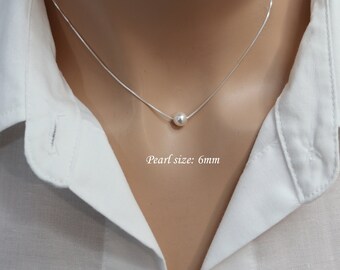 Floating Pearl Necklace, Sterling Silver Necklace, White Pearl Necklace, Gift for Her, Bridesmaid Necklace, Single Pearl Necklace