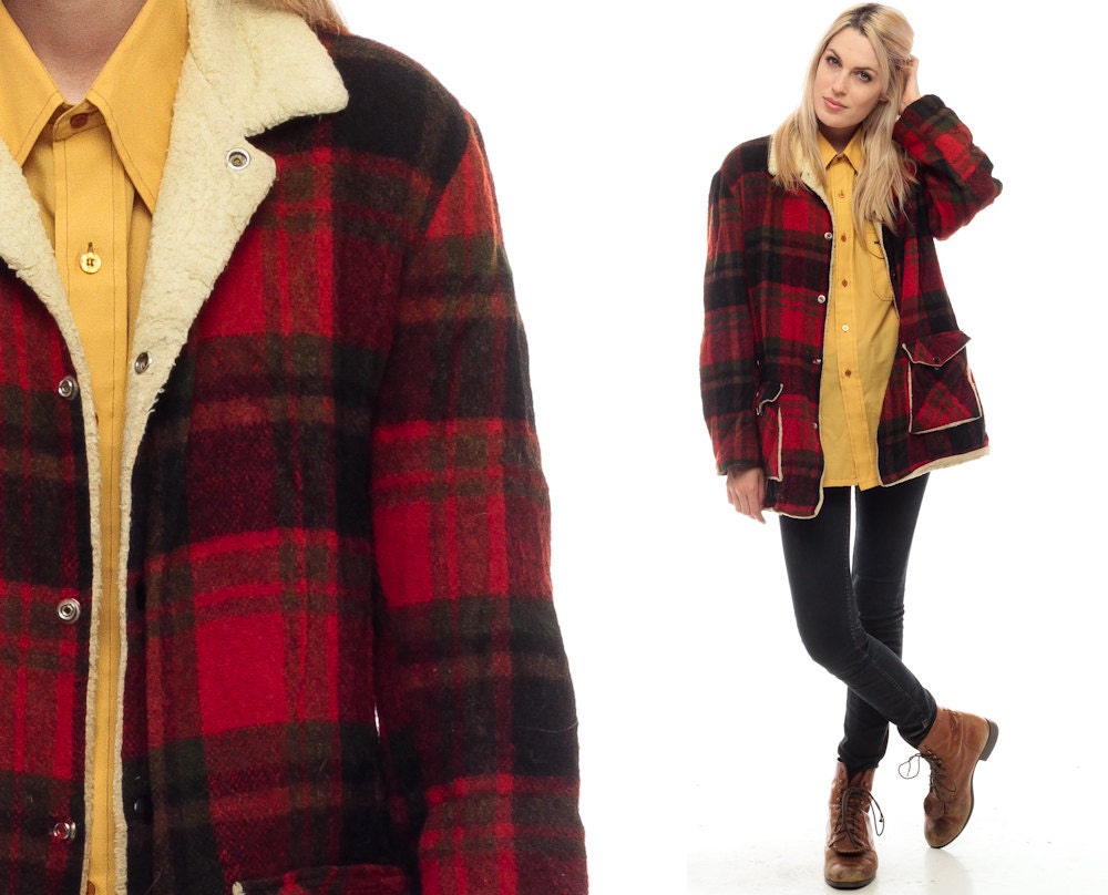 Plaid Jacket SHEARLING Coat Lumberjack Jacket 70s Boho Red