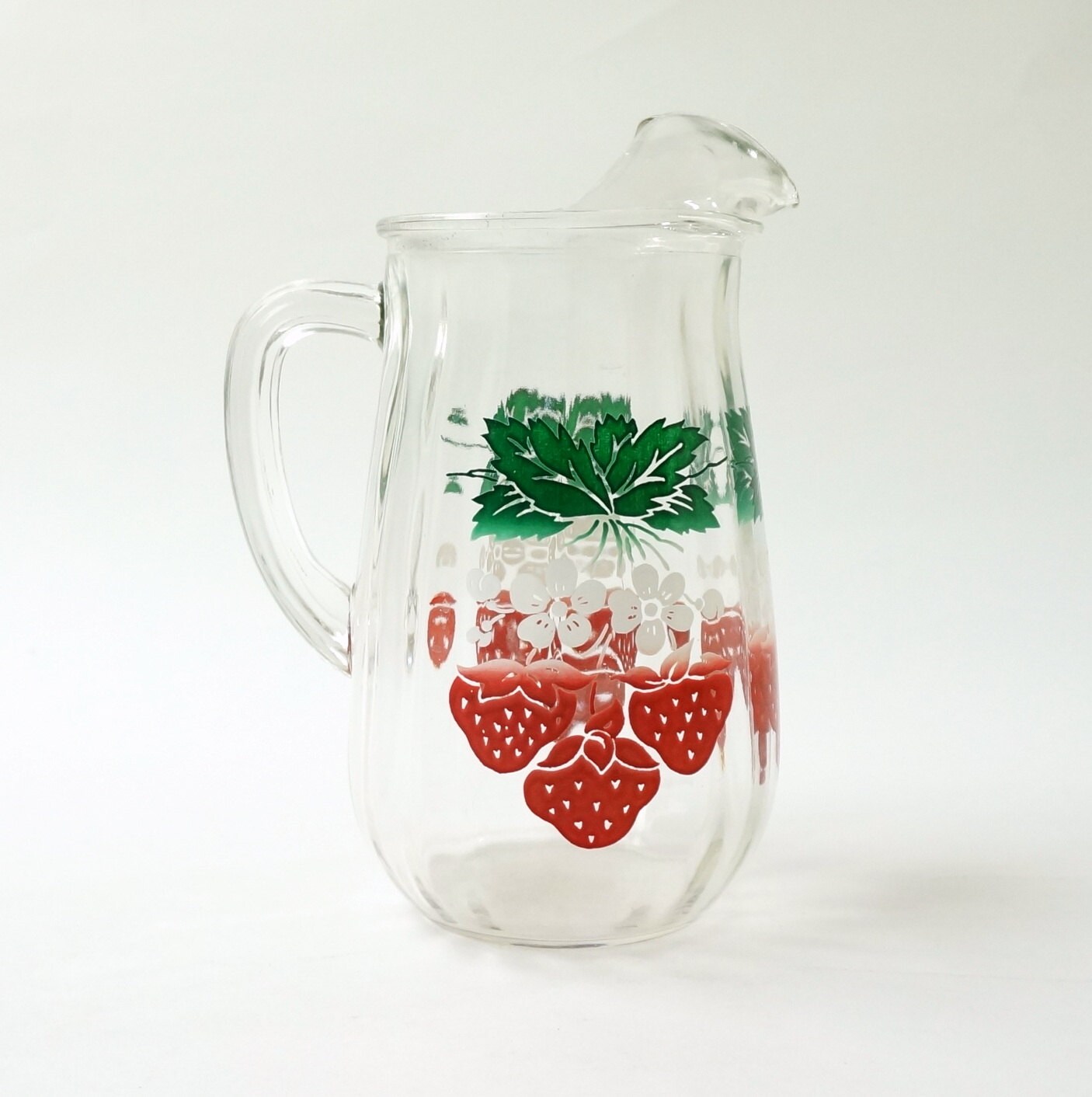 Glass Serving Pitcher with Strawberry Pattern 50s VGC / Green White Red