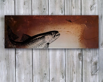 Rustic Artwork - Fly Fishing for Trout on Rusted Metal - FREE SHIPPING
