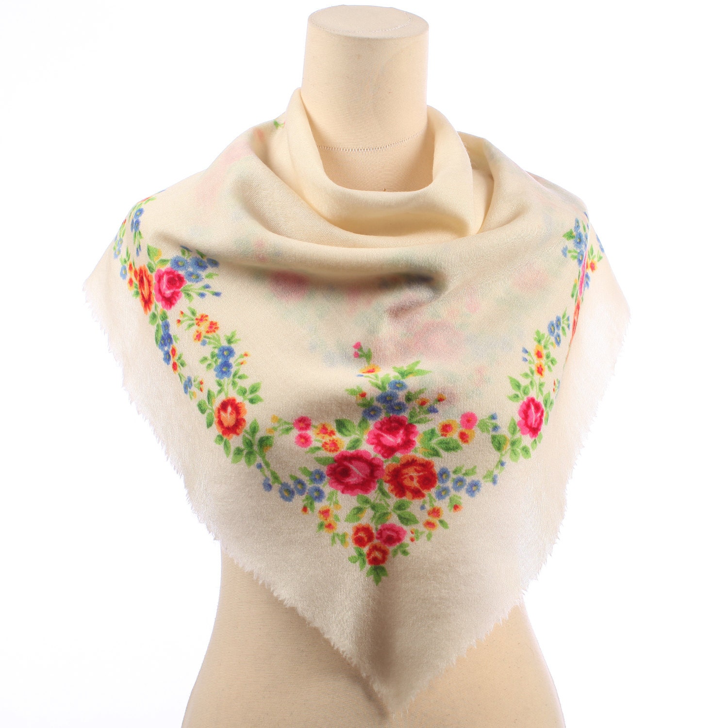 Vintage Floral RUSSIAN Folk Scarf . 60s Russian BABUSHKA Siberian Wool ...