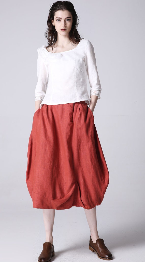 orange skirt Linen skirt designer clothing midi skirt by xiaolizi