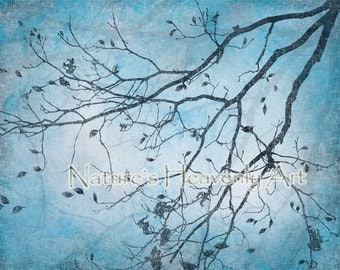 Aqua Blue Wall Decor, Tree Wall Art, Blue Home Decor, Nature Art Print, Turqouise Blue Wall Art, Tree Blowing Leaves (260)