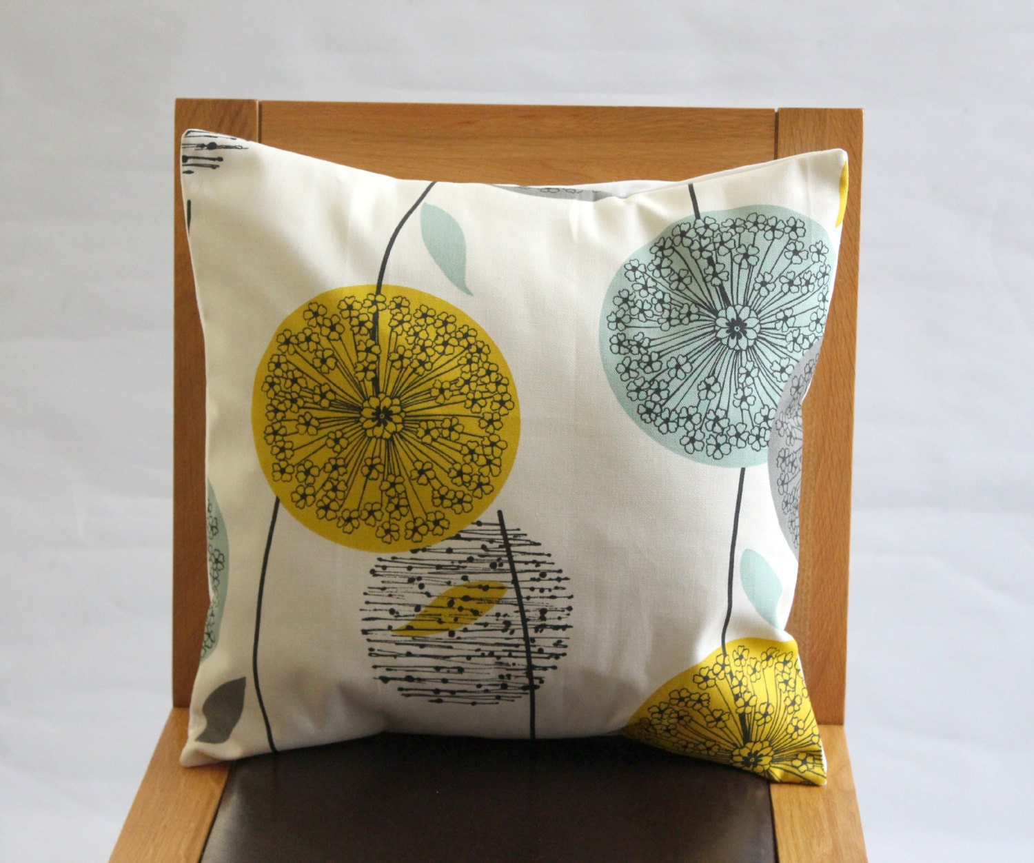 Decorative pillow teal mustard yellow dandelion blue by VeeDubz
