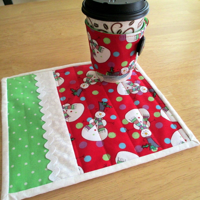 Snowman Mug Rug and Cup Cozy, Mug Rug Gift Set, Teacher Gift, Stocking Stuffer, Secret Santa Gift