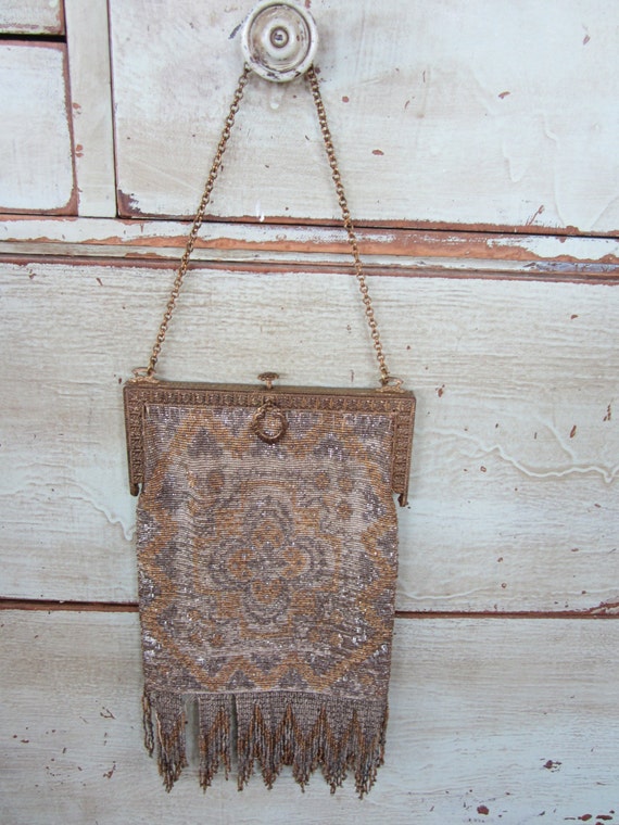 Antique French Steel Beaded Purse Beautiful Gold Silver Micro