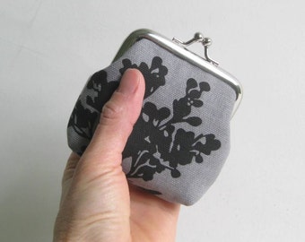 Small Coin Purse in Gray with White and Black Branch Blossoms