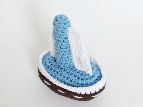 Amigurumi sailing boat crochet baby toy rattle - organic cotton - sky blue and brown