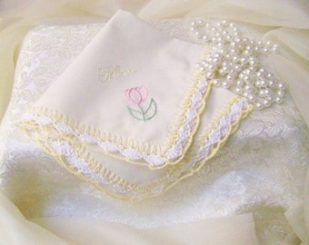 Mother of the Bride, Mother of the Groom, Crochet Handkerchief, Hanky, Hankie, Embroidered, Personalized, Pastel, Yellow, Ready to ship
