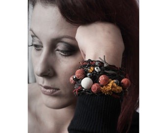 Black Leather Knitting Bracelet with Corals and Yellow Tassel