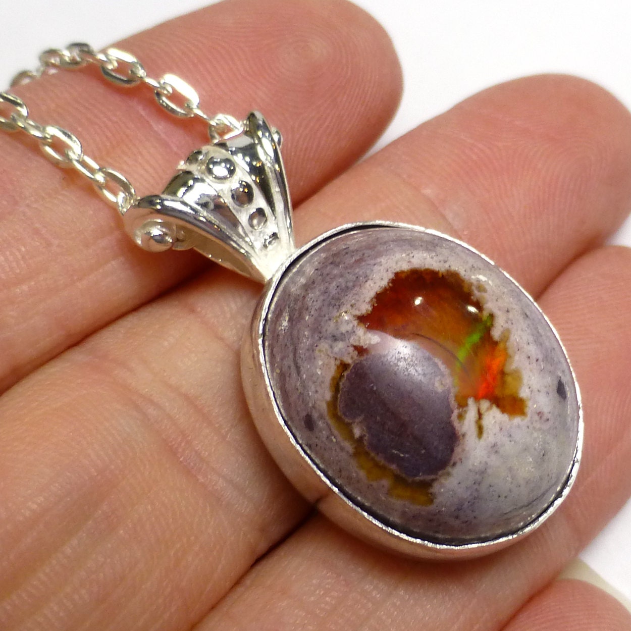 Mexican Fire Opal Pendant Necklace Sterling Silver 925 by saxdsign