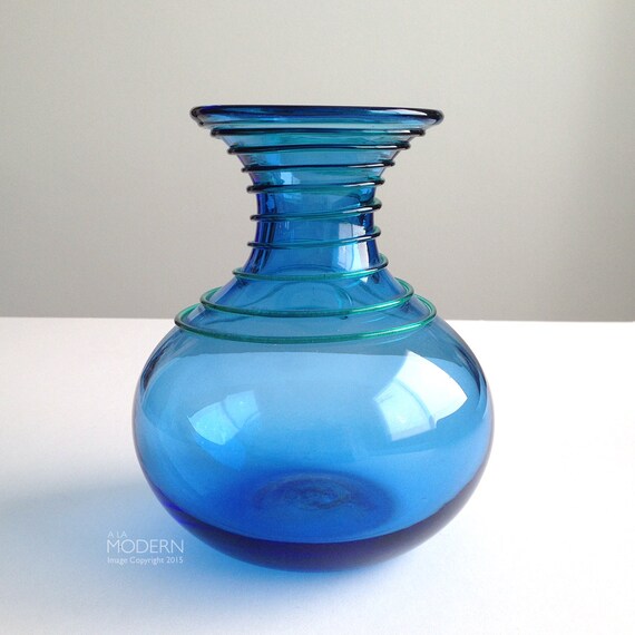 Blenko Glass Blue With Green Spiral No. 8318 Vase By by alamodern