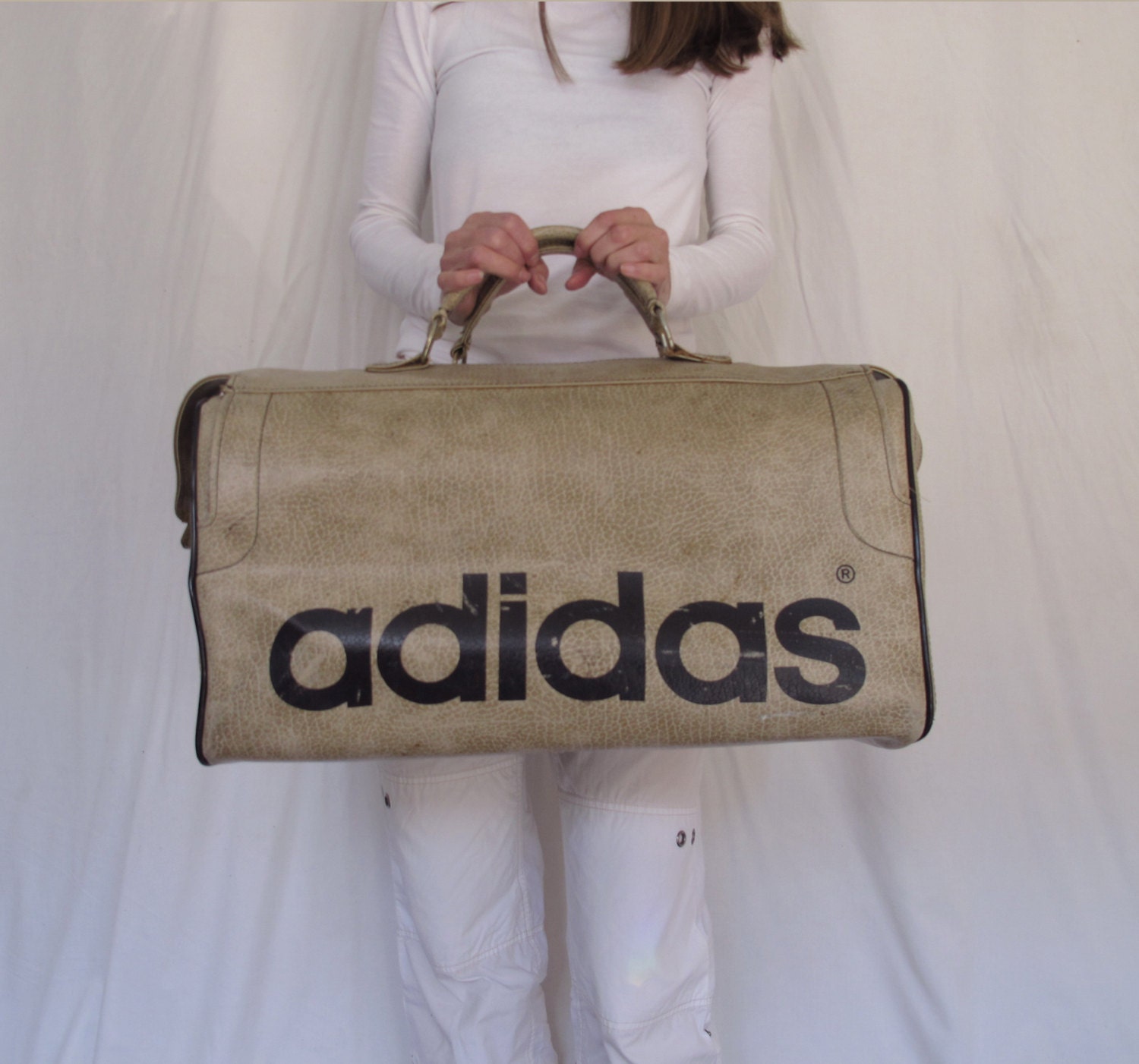 Rare Vintage Adidas Large Gym Bag Adidas Tan & Black Vinyl