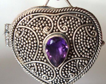 Heart Shaped Sterling Silver locket prayer box Pendant with February birthstone purple amethyst PL6